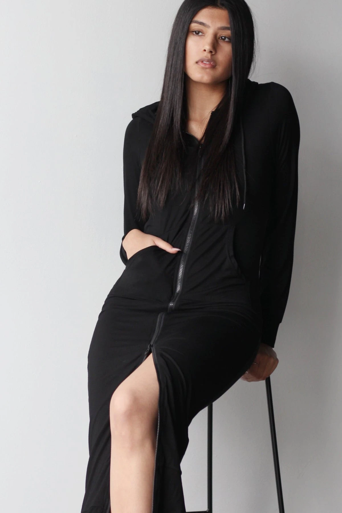 Long neutral hoodie by Emmy Deveaux